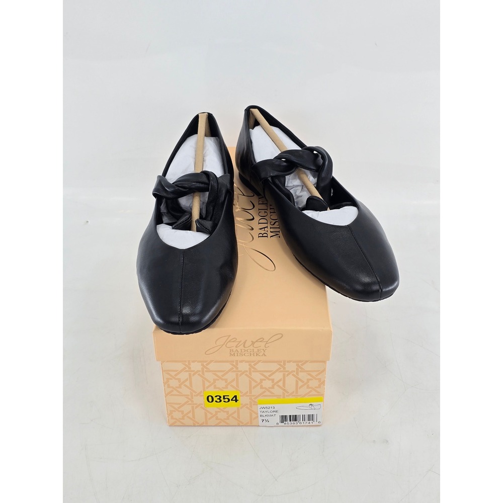 Jewel Badgley Mischka Taylore Flats Womens 7.5 Black Matte Leather Knot - New